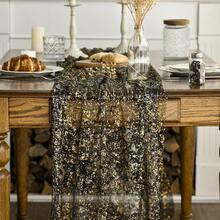 Black Gold Gauze Table Runner 120 Inch 10FT, Glitter Metallic Foil Sheer Dining Wedding Anniversary Holiday Birthday Table Decor For Home Party,28inchx120inch,BlackGold - 黑金 - 查看 3