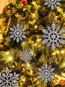 30 piezas de adornos de copo de nieve navideños de plástico reutilizables con brillo en color plata, champán y dorado, para decorar el árbol de Navidad y crear un entorno navideño invernal