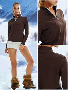 Leorrey 1pc Women's Fashion Wool Ribbed Mock Neck Half Zip Colorblock Snow Outfits Winter Sports - Mocha Brown - View 6