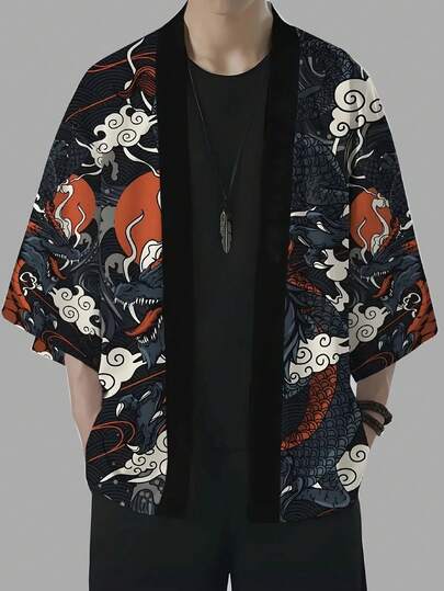 Japanese Style Men's Kimono Shirt - Polyester Fabric, Black Dragon Totem Print, Multiple Sizes Available, Summer Breathable & Sun Protection Essential