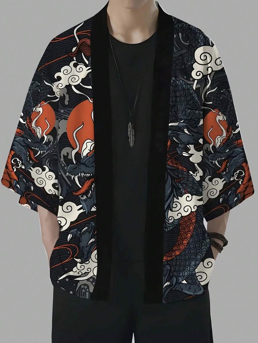 日式男士和服衬衫 - 涤纶面料,黑色龙图腾印花,多种尺码可选,夏季透气防晒必备 - 黑色 - 查看 1