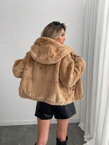 Women's Casual Warm Lined Hooded Faux Fur Coat With Zipper Long Regular Sleeves Slight Stretch - 駝色 - 查看 2