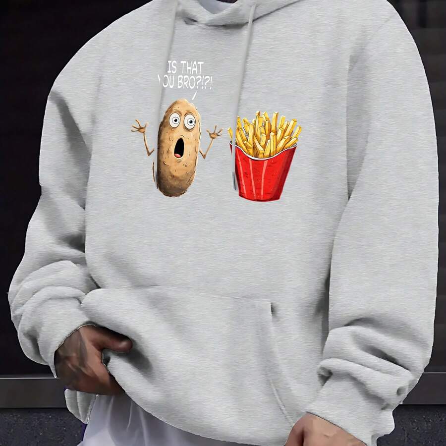 Men's Fashion Hoodie With Potato And French Fries Print And "Is That You Bro!" Text For Daily Wear, Casual, Social, Winter, And Autumn - 灰色 - 查看 1