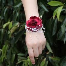 4pcs/Set Pink & Gold Leaf Beaded Wrist Corsage, Crystal Brooch For Bride, Bridesmaid, Wedding Supplies