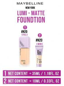 Maybelline LUMI-MATTE 粉底液 #N20 自然米色 35ml/10ml，比普通粉底液轻盈 54%，轻盈持久配方，革命性的 3D 成膜技术打造轻盈网状妆效（防水防汗），呈现自然无面具感的珠光透明光泽和蓝调光彩，卸妆后滋养肌肤，有效遮盖瑕疵，适合中性至白皙肤色，轻松三步打造全天候无瑕妆容，日常妆容的理想之选，亲肤配方。 - 美寶蓮持妝輕透粉底液N20 - 查看 5