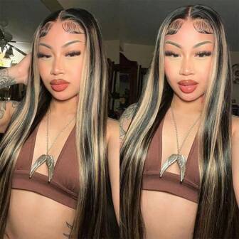 1B/27 高光金色直发蕾丝前假发，混合真人发，13x4 5x5 渐变染发，无胶假发，女士真人发，黑色和金色闭合式假发，60% 真人发，预先拔除婴儿发，180 密度，26 英寸，圣诞礼物（8 英寸波波头假发）