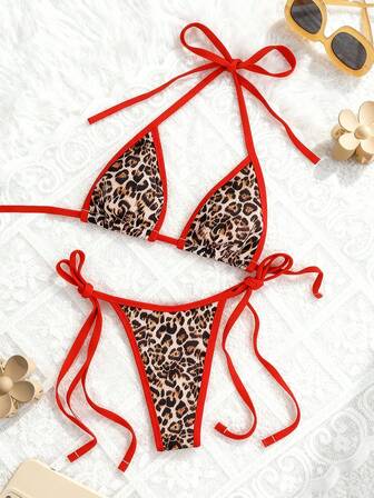 Summer Beach Halter Neck Top And Side Tie Bottoms Sexy Leopard Print High Cut Bikini For Women