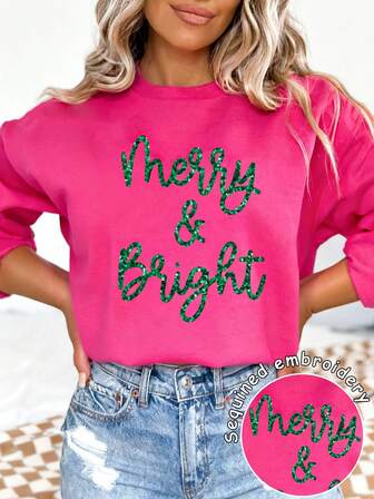 亮片刺绣“Merry & Bright”圣诞卫衣，亮粉色，适合秋冬季节的女士圣诞服装，大码落肩圆领休闲抓绒连帽衫