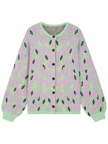 Plus Size Women Mint Green Loose Cardigan, Sweet Casual Single-Breasted Knit Jacket