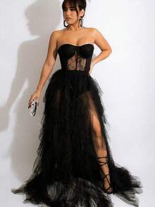 Women's Bandeau Solid Mesh Lace See-Through High-Waisted Slit Temperament Elegant Long Ball Dress European And American Dress - màu đen - Xem 1