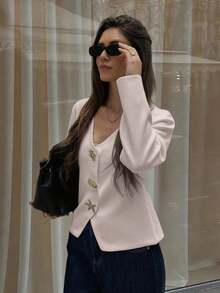 FOR BEAUTY 女款純色V領不對稱鈕扣針織開襟衫長袖上衣，時尚簡約優雅時髦休閒百搭慵懶風，適合日常通勤，毛衣外套，秋冬服飾，新年 - 桃粉 - 查看 3