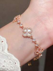 1pc Adjustable Zirconia Flower Bracelet For Women, Lightweight Luxury Elegant Style - Rose Gold - View 9
