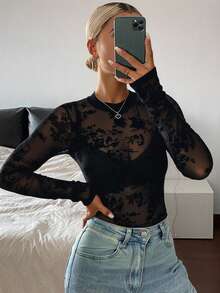Livesso Women's Fitted Sheer Lace Crew Neck Pullover Top Going Out Tops Long Sleeve Women Tops,Fall Women Clothes - Black - View 3