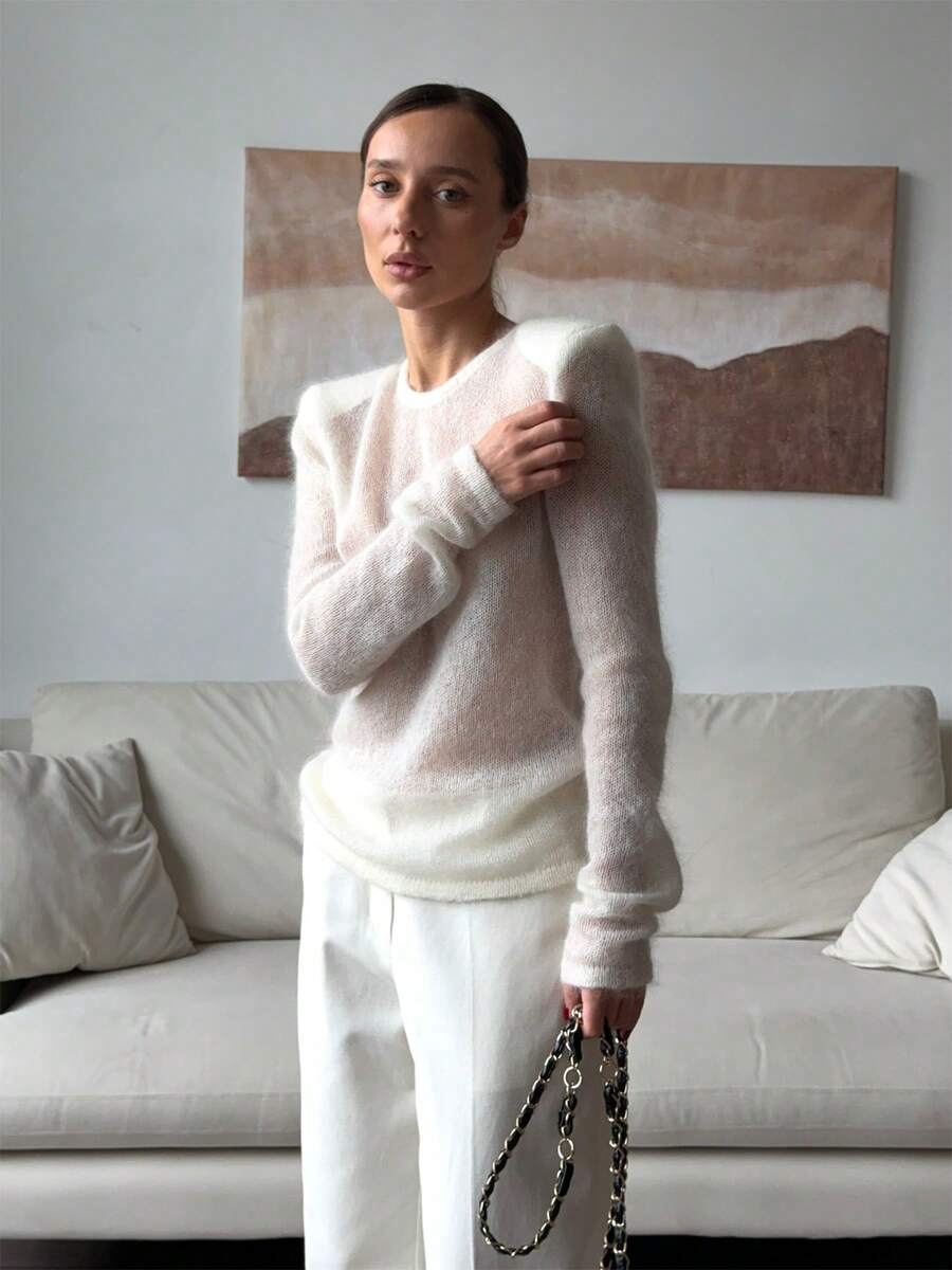 1pc Solid Color Knitted Semi-Sheer Shoulder Ribbed Crew Neck Long Sleeve Knit Top, Casual Spring/Summer - White - View 1