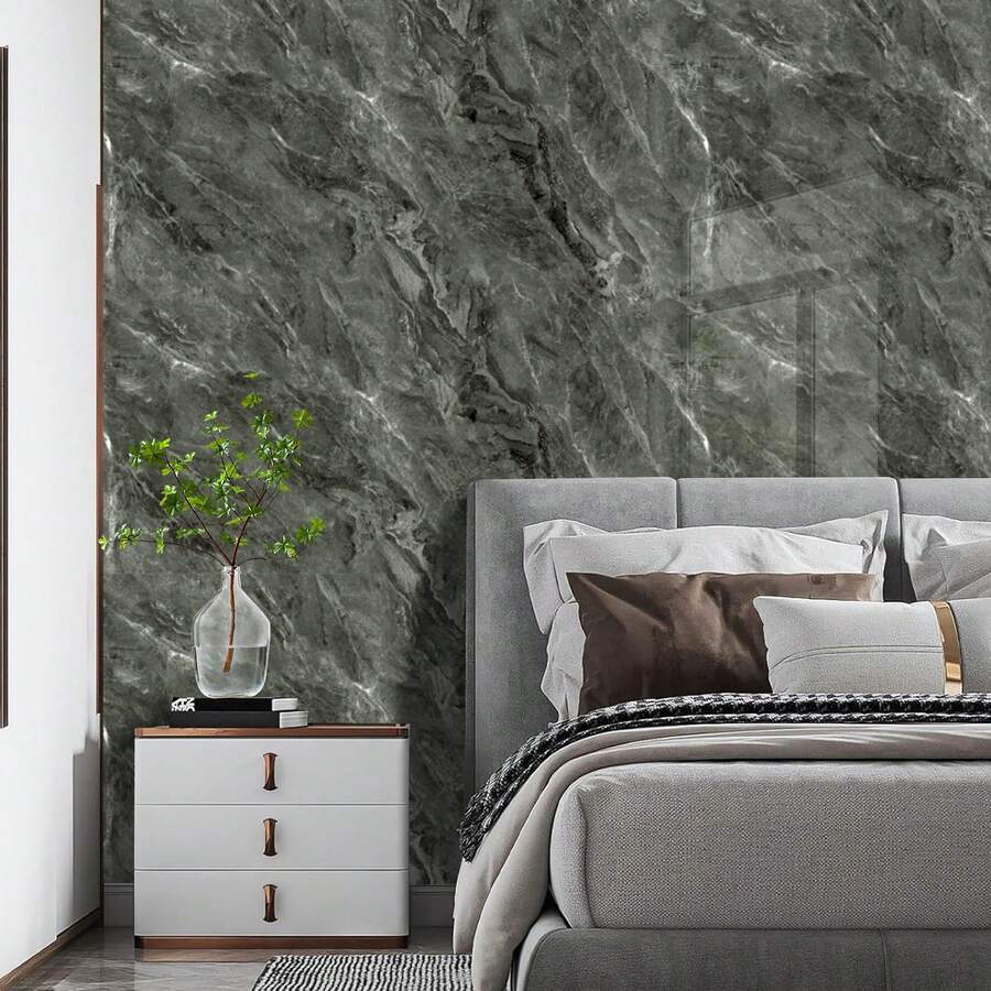 1 卷豪华大理石纹自粘壁纸，防水、防潮、防油、易清洁、无缝图案匹配，适用于客厅、卧室、浴室、厨房和楼梯，墙面装饰 | 无缝墙面设计 | 防水壁纸 - 深灰色 - 查看 1