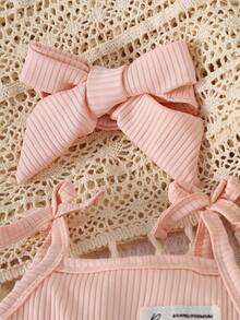 4pcs/Set Baby Girls' Solid Ribbed Casual Cute Bodysuit Dress + Bow Headband Set, Summer - Pink - View 4