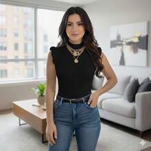 Women's Blouse Garrafinha / Ribbed Modal Knit / Ruffle / High Neck / Knitting / Blogger Fashion - màu đen - Xem 8