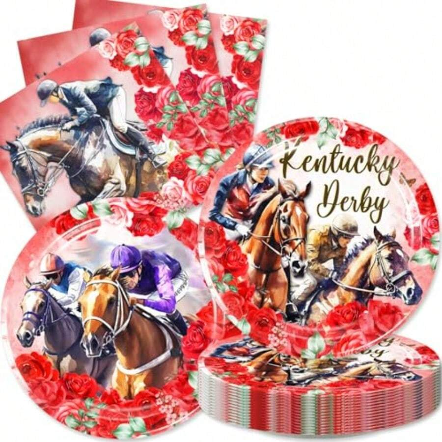 D48Pcs Derby Day Plates And Napkins Derby Party Plies Horse Racing Tableware Set Run For The Roses Party Decorations - BPS3 - View 1