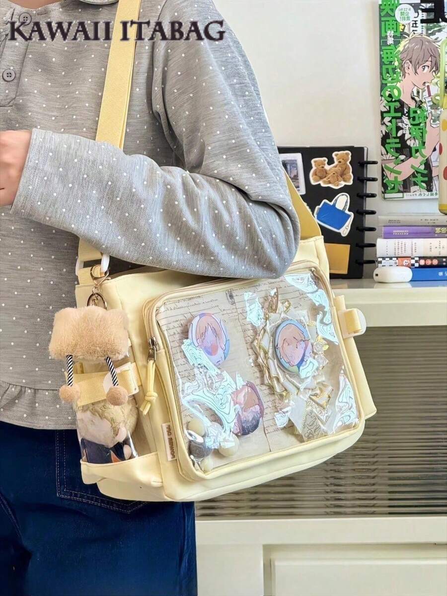 Kawaii Japanese School Crossbody Bags Basic Style Solid Color Clear Transparent New Simple Girls Shoulder Bag Preppy College Student Handbags With Badges Display Plate Small Side Pocket Can Put 10cm Dolls DIY Ita Bag JK Back To School Gifts Concert Anime Fans Bags Women - 黃色 - 查看 1