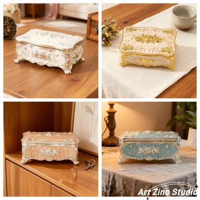 1pc Art Zino Studio Vintage European Style Zinc Alloy Jewelry Box | 3D Rose Floral Embossed, Available In Silver-White, Gold-White, Silver-Light Blue, Silver-Light Pink, Soft-Edged Rectangular Shape With Delicate Supports, Exquisite Floral Pattern, Easy To Store Rings, Earrings And Other Small Jewelry, Decorative For Vanity, Suitable For Valentine's Day/Birthday/Mother's Day Gifts, Practical And Stylish For All Seasons