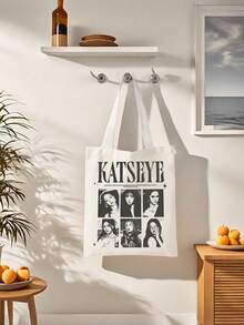可重复使用可折叠帆布手提袋，印有K-Pop偶像Katseye、Manon、Sophia、Daniella、Lara和Megan的图案，融入流行音乐元素，大容量休闲购物袋，粉丝周边手提袋，沙滩包 - 彩色 - 查看 6