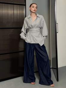 DAZY 女士半开襟侧系带套头衫休闲优雅长袖上衣 - 藍色 - 查看 8