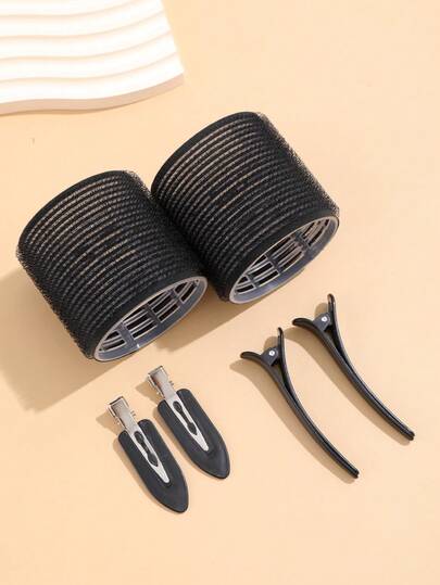Bộ 6 dụng cụ uốn tóc tự dính, bao gồm 2 dụng cụ uốn và 4 kẹp, chất lượng chuyên nghiệp, thích hợp cho việc tự tạo kiểu tóc, không cần dùng nhiệt.