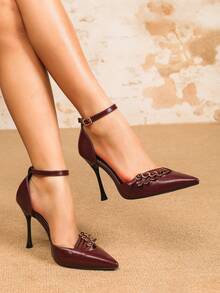 Giày sandal hở mũi nhọn cho nữ, giày mũi thấp có nhiều quai trang trí, giày cao gót nhọn, giày dự tiệc sang trọng gợi cảm, không thể thiếu cho váy, xuân/thu, giày cao gót đỏ rượu, giày đỏ rượu, giày cưới đỏ rượu, giày cao gót quai mắt cá chân, giày cao gót màu đỏ tía - Màu Đỏ Sâu - Xem 2