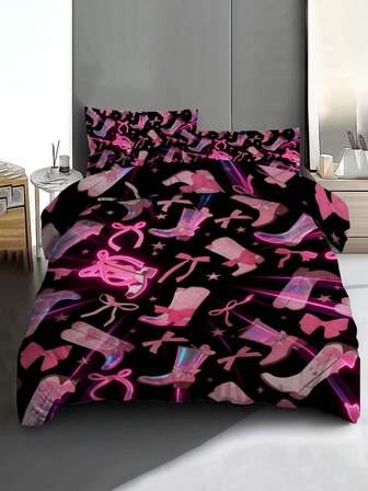 3 Piecesblack Powder Neon Chic Bedding Set - Bow + High Heel Print Cyber Style Personalized Bedroom Bedding; Suitable For Teenagers And Adults, Providing All-Year-Round Warmth, Soft And Breathable Lightweight Bed Cover. Suitable For Giving As Gifts On Housewarming, Birthday, Festivals, Etc., As Well As As A Gift Between Boyfriends And Girlfriends.