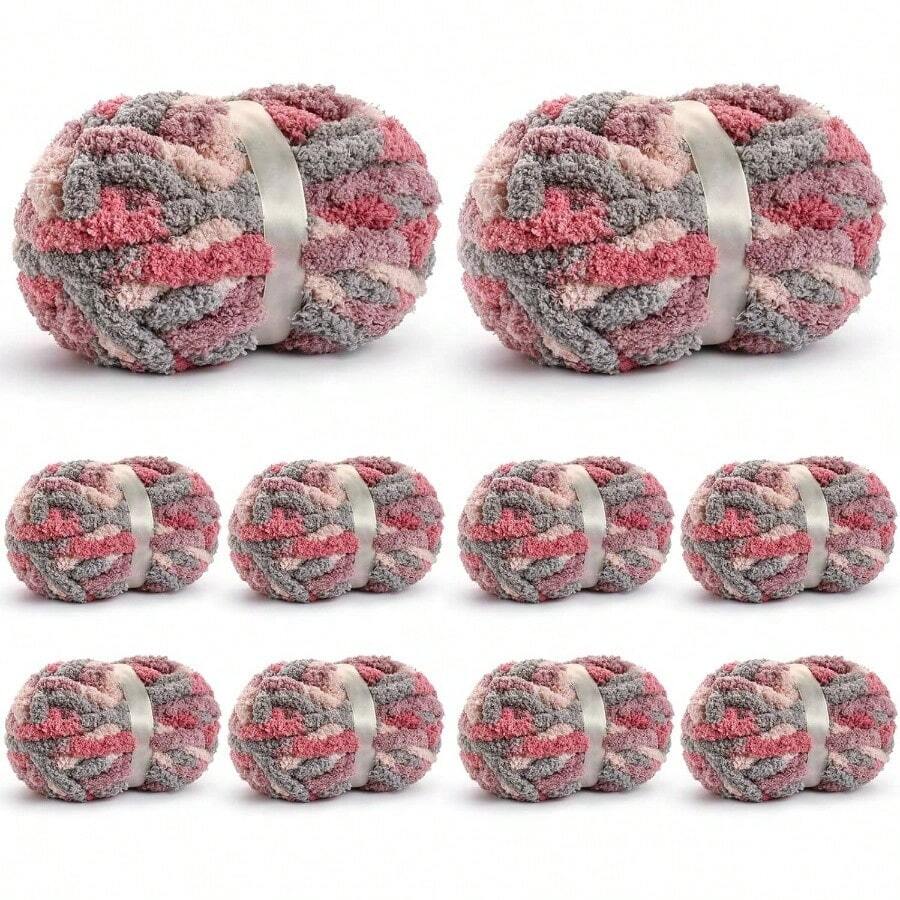 10 Pack Jumbo Chunky Yarn Hand Knitting, Fluffy Chunky Chenille Yarn Crocheting, Variegated Chunky Knit Blanket Yarn, 240 Yds/70.5 Oz Bulky Yarn - 10 灰粉紅紫 - 查看 1