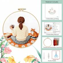 Beginner-Friendly Healing Coffee Girl Embroidery Kit, Pre-Printed Afternoon Coffee Scene Fabric With 20cm Embroidery Hoop, Threads Included, DIY Handcraft Set - Multicolor - View 14