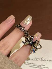 2件套复古蕾丝蝴蝶结装饰开口戒指套装，适合女士日常佩戴
