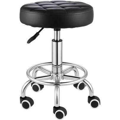 PU Leather Rolling Stool With Wheels, Adjustable Swivel Chair With Footrest Ring, Thick Padded Round Seat, Chrome Base & 360° Quiet Casters, Height 46–56 Cm, For Salon, Spa, Tattoo, Clinic