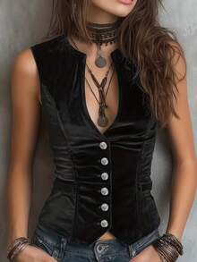 Top sin mangas ajustado de terciopelo con escote en V para mujer, top de estilo vintage negro casual de verano - Negro - Ver 11