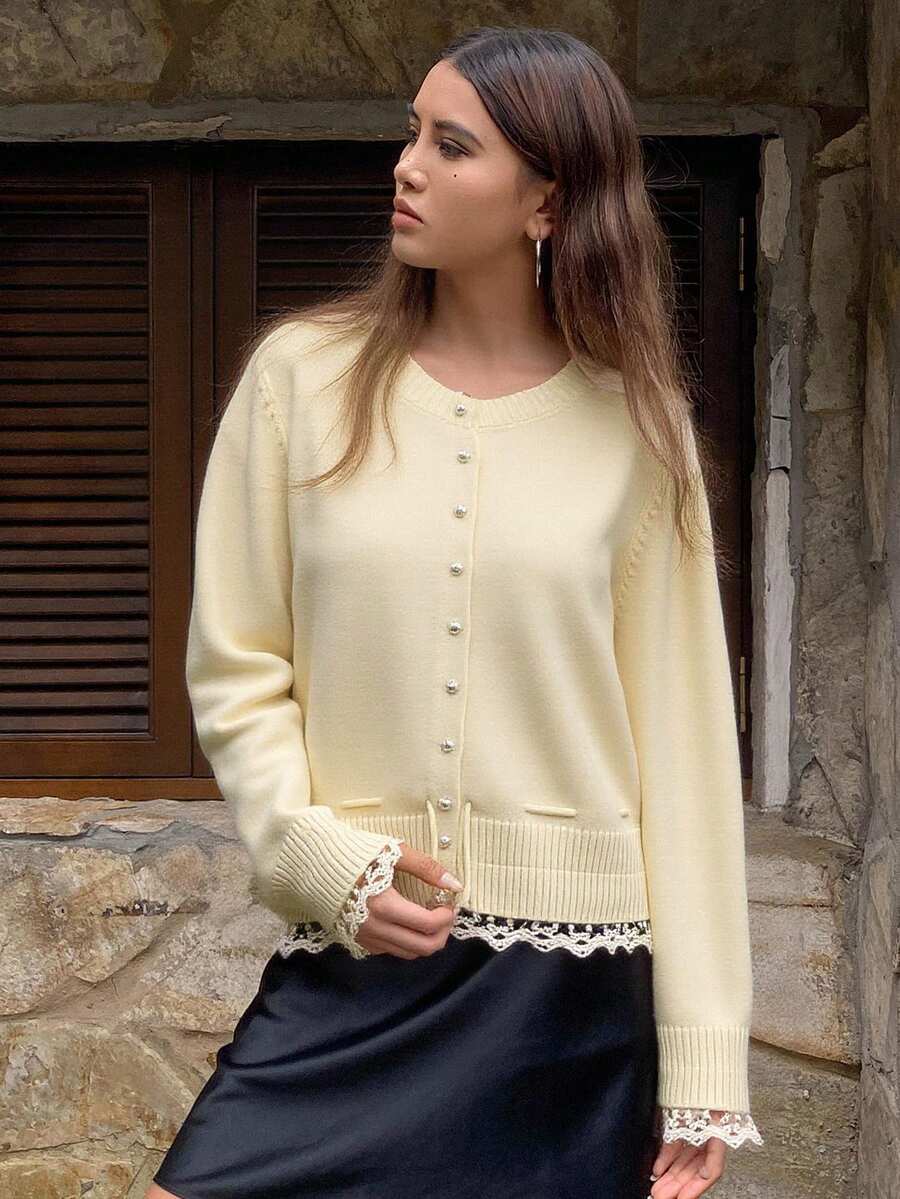 Livesso Cárdigan de mujer con patchwork de encaje francés, abrigo casual de ajuste holgado y grueso, para otoño/invierno - Beis - Ver 1