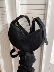 1pc Women's Fashionable Solid Color Minimalist Shoulder Bag, PU Leather, Suitable For Dates, Shopping, Versatile - Black - View 3