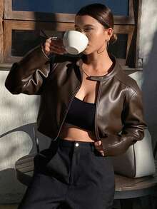 Livesso 女士PU皮短外套，秋季服装