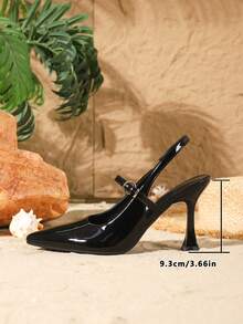Tacones altos de aguja elegantes de 9 cm con punta puntiaguda, con hebilla redonda de metal ajustable, material de PU espejado, tacones de gatito negros, versátiles para uso diario, fiesta, oficina y vestimenta formal, tacones de stiletto - Negro - Ver 5