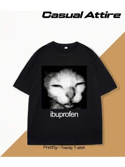 Camiseta Uni Divertida de Ibuprofeno y Meme del Gato - Diseño Humorístico, Cuello Redondo Suave Transpirable, Camiseta Casual uste Relado en Blanco con Estampado para Atuendos Informales, Confort Todo el Tiempo, Ropa Graciosa sobre Faria, Impresión Juguetona Cara e Texto Felino, Moda Urbana Lavable a Máquina, Moderna Cómoda tanto Para Hombres como Mulleres, Ipara Looks Casuales