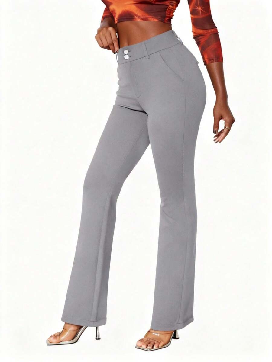 Elegant High Waist Double Button Slant Pocket Wide Leg Work Pants TrousersNew Year - Grey - View 1