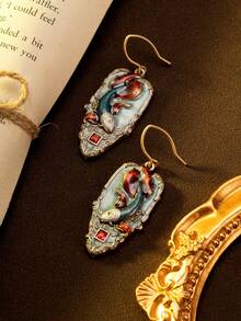 1 Set Women's Fashion Jewelry - 1 Pair Earrings & 1 Necklace, Koi Fish Enamel Copper Alloy Carved Design, Elegant Palace Style, Suitable For Banquet And Daily Wear
