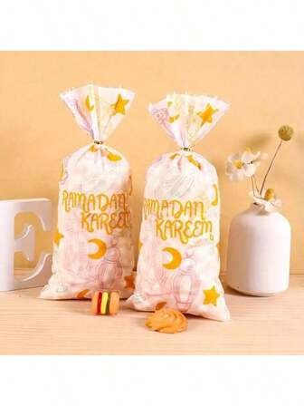 50pcs Ramadan Gift Bags, White Plastic Bags With Gold Star And Crescent Castle Design, Suitable For Ramadan 2025 Celebration And Holiday Gift Packaging