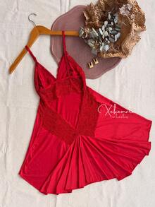 Sexy Lace Nightgown With Backless Detail, Ruffled Train, Slit, No Padding, Sleep Dress, Lingerie, Nightwear Line - 紅色 - 查看 4