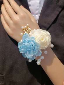 1pc Chest Flower + 1pc Wrist Flower Unisex Rose Flower Print Vintage Elegant Boutonniere & Corsage Set, Champagne Color Camellia Decoration, Suitable For Wedding, Prom, Party, Daily Wear Valentine's Day Accessories - Multicolor - View 12