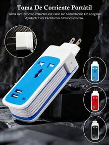 Regleta Cargador Multicontactos,Extencion Portatil Para Viaje Con Puestos Usb Y Enchufe - Azul - Ver 1