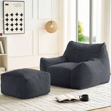 Modern Faux Fur Fabric Large Bean Bag Chair With Ottoman, Oversized Adult Bean Bag Chair With Filler, Lazy Sofa Comfy Bean Bag Couch With Armrests - 深灰色 - 查看 4