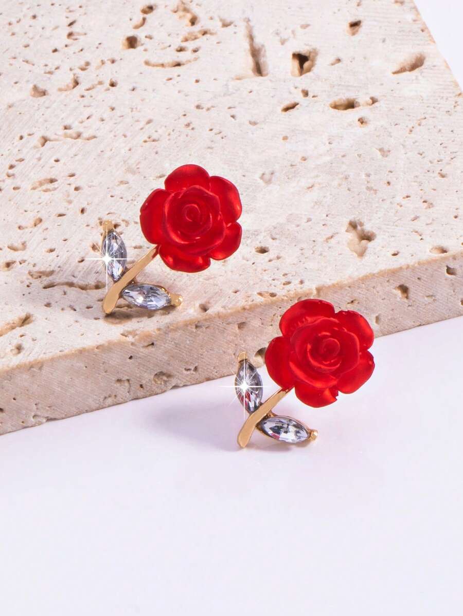 一对优雅的法式浪漫玫瑰花独特魅力耳环 - 紅色 - 查看 1