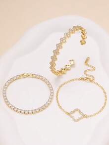 Elegant & Fashionable Luxury European-Style Four-Leaf Clover Zirconia Stainless Steel Women's Bracelet Set, Versatile For Multiple Occasions And As A Gift For Friends - Yellow Gold - View 7