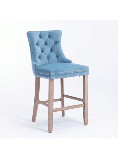 Moderne Fluwelen Upholstered Bar Stool Buttoned Suede Wooden Tafel Legs, Chrome Studded Head Chair, Stool, Set Of Two (Light Blue), DE2002LB view 4