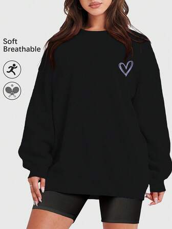 Speed mate Sudadera holgada de felpa con estampado de corazón púrpura oscuro y pequeño gráfico frontal para mujer